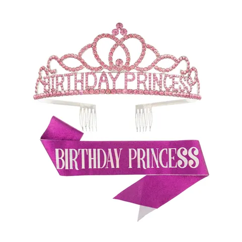 Birthday Princess Rhinestone Crown Tiara And Glitter Sash For Girls Women Birthday Party Celebration Alloy