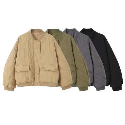 Women Quilted Bomber Jacket Solid Color Padded Outwear Loose Fit Snap Button Ribbed Trim Casual Warm