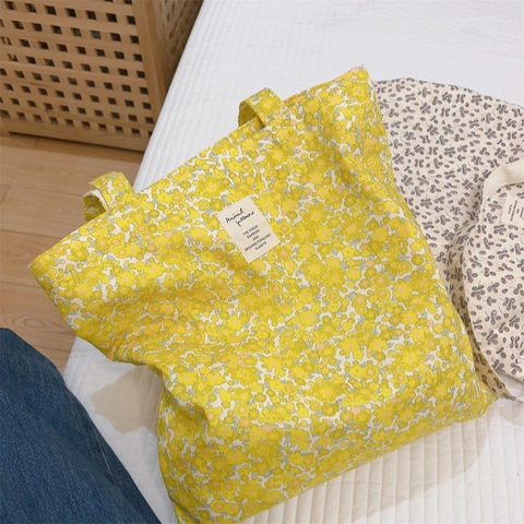 Sac Fourre-Tout Esthétique En Toile De Coton Grande Capacité Imprimé Floral Lapin Sac À Main Bandoulière Poche Intérieure Sac Écologique