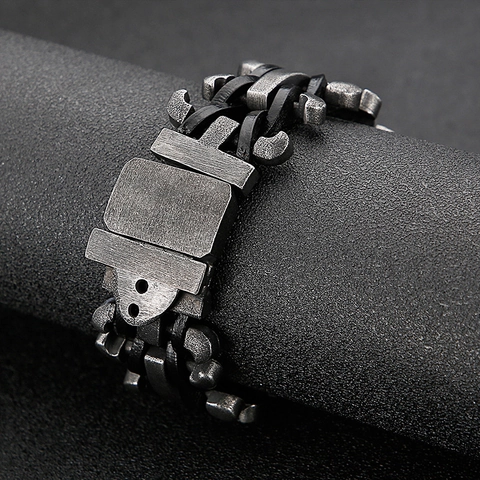 Bracelet Style Industriel Rétro Pour Hommes En Acier Inoxydable 316L Et Cuir Véritable Tressé Punk Moto