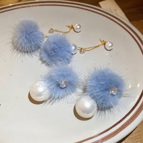Blue Faux Fur Ball Artificial Pearl Earrings With 925 Sterling Silver Earring Post 18K Gold Plated Zircon Elegant Winter Jewelry