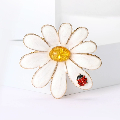 Broche De Margarita Y Mariquita De Esmalte Aleación Goteo De Aceite Flor Pin Joyería Floral Para Mujeres