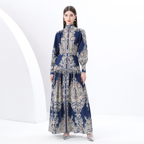 Vestito Lungo Maxi Con Stampa Paisley Collo Alto Maniche A Lanterna Elegante Retro In Poliestere Da Donna