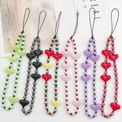 Cinturino Per Telefono Cuore Perline In Resina Acrilica A Righe Lanyard Per Donne Ragazze Dolce Colorato Moda