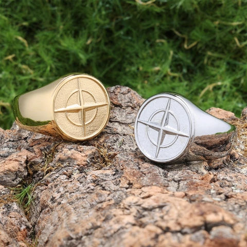 Anillo De Sello De Brújula De Acero Inoxidable Relieve De Estrella Náutica Joyería Retro Punk Minimalista Para Hombre