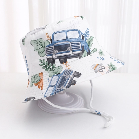 Sombrero de Pescador con Estampado de Dibujos Animados para Niños de Algodón Gorro de Sol de Verano con Cuerda de Viento Ajustable para Niños Niñas Playa Aire Libre