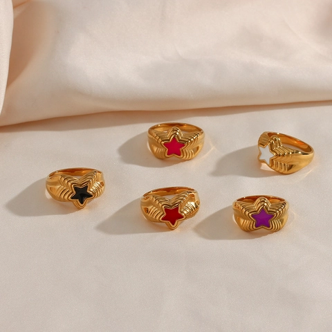 Stainless Steel Pentagram Star Ring For Women Sweet Ins Style 18K Gold Plated Enamel Geometric Multi-layer Finger Ring Jewelry