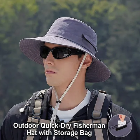 Men Outdoor Bucket Hat Quick Dry Waterproof Wide Brim Sun Protection Fishing Hiking Camping Adjustable Wind Rope