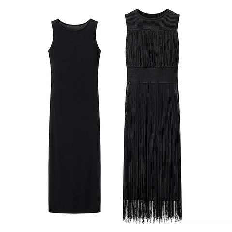 Damen Elegantes Ärmelloses Strick Maxi Kleid Und Fransen Tassel Overlay Rundhalsausschnitt Einfarbig Abendparty Kleidung