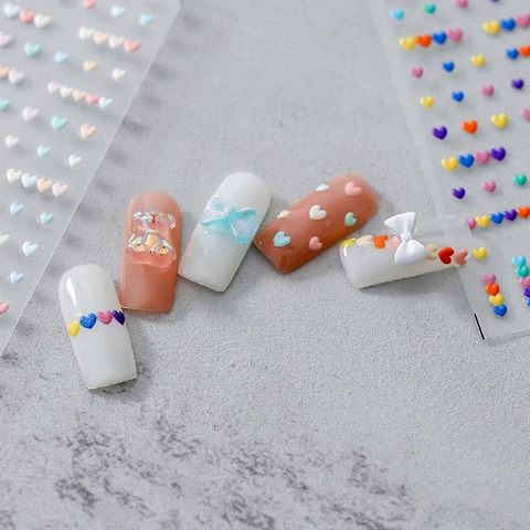 Autocollants Ongles Coeur 3D Relief Auto-Adhésifs Arc-En-Ciel Colorés Pastels Paillettes Décalcomanies Décoration Manucure DIY