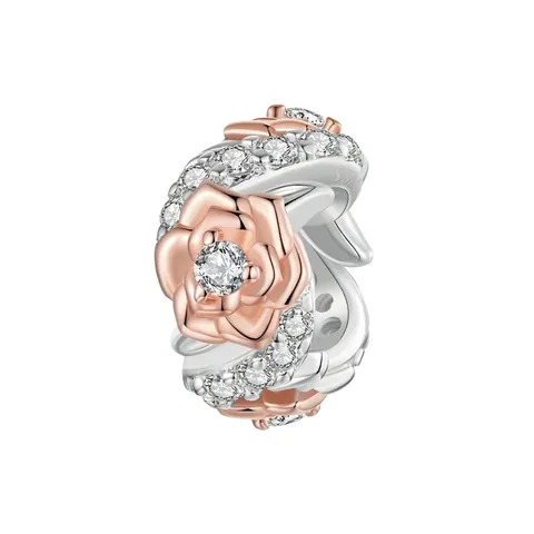 Rose Flower Charm Bead 925 Sterling Silver Two Tone Plated Cubic Zirconia DIY Accessory For Bracelet Jewelry Making