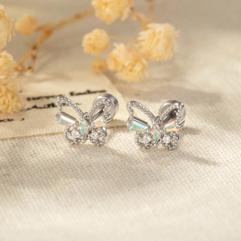 Butterfly Ear Cartilage Stud Titanium Steel Copper Zircon Piercing Jewelry Colorful Opal Screw Back Fashion Women