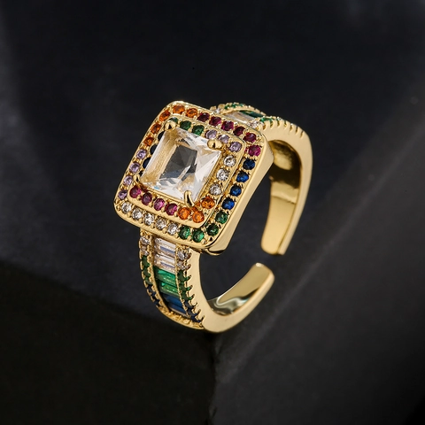 Geometric Open Ring Copper 18K Gold Plated Multi Color Square Zircon Adjustable Fashion Jewelry For Women