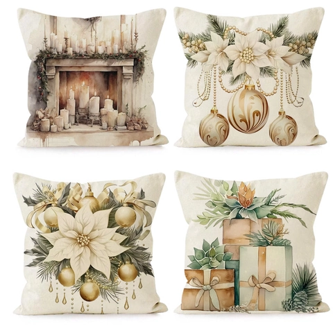 Weihnachten Kissenbezug Leinen Aquarell Druck Kissenhülle Quadratisch Haus Sofa Feiertag Dekoration Vintage Festlich