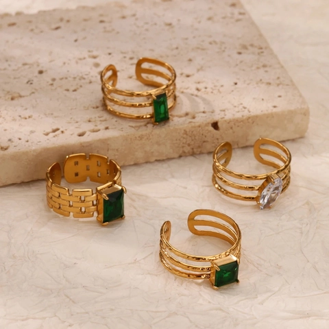 Vintage Gold Plated Copper Open Rings For Women Green Rhinestone Heart Geometric Flower Adjustable Jewelry Gift