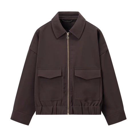 Women Casual Zipper Jacket Lapel Collar Long Sleeve Solid Color Utility Outerwear Commuter Coat With Pockets For Lady