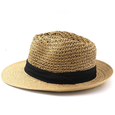 Retro Straw Fedora Hat Wide Brim Summer Sun Protection Breathable Beach Vacation Cap With Ribbon Decoration