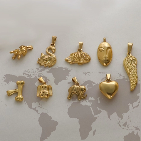 Vintage Edelstahl Anhänger Halskette Gold Plattiert Herz Flügel Elefant Hund Igel Knochen Gesicht Schmuck Für Damen