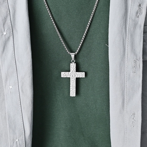 Collana Con Ciondolo A Croce Texture Martellata Acciaio Inossidabile Vintage Stile Hip Hop Gioielli Per Uomo Donna