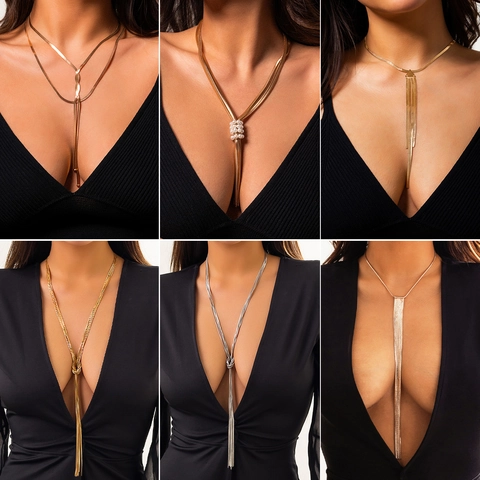 Lariat Necklace For Women Copper Snake Chain Y-Shaped Tassel Long Knot Design Minimalist Fashion Jewelry Elegant Accessory