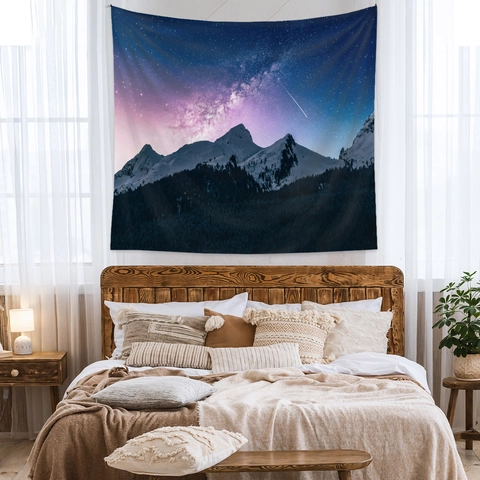 Arazzo Galassia Cielo Stellato Poliestere Montagna Innevata Foresta Appeso A Parete Decorazione Camera Boemia Sfondo Tessuto