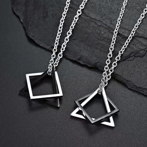 Interlocking Geometric Pendant Necklace Titanium Steel Hip Hop Punk Square Triangle Box Chain For Men Women