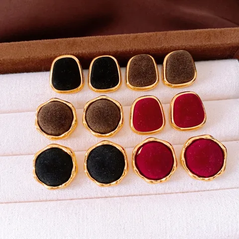 Vintage Geometric Flocked Stud Earrings Alloy With 925 Sterling Silver Earring Post Retro French Style For Women