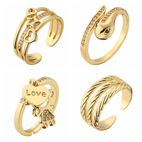 Fashion Adjustable Copper Rings Micro Pave Zirconia Heart Snake Star Love Geometric Elegant Jewelry For Women