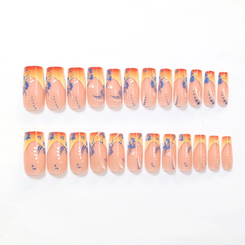 Uñas Postizas Presión Resina ABS Media Larga Cuadrada Degradado Francés Verano Floral Azul Lunares Para Mujeres