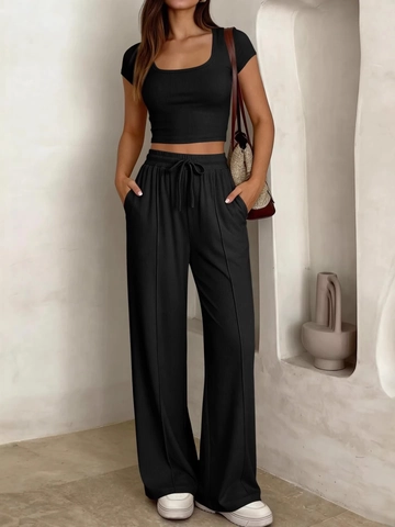 Ribbed Knit Short Sleeve Crop Top And High Waist Wide Leg Pants Casual Loungewear Summer Streetwear Comfortable Outfit