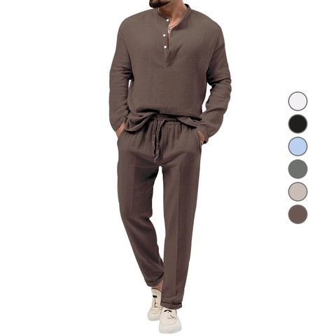 Haut Henley À Manches Longues Et Pantalon À Cordon Pour Homme Tenue Décontractée Texture Gaufre Unie
