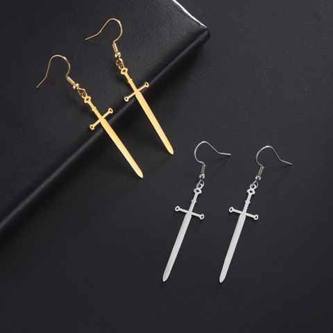 Stainless Steel Sword Pendant Drop Earrings 18K Gold Plated Long Sword Hook Earrings Punk Gothic Unisex Fashion Jewelry