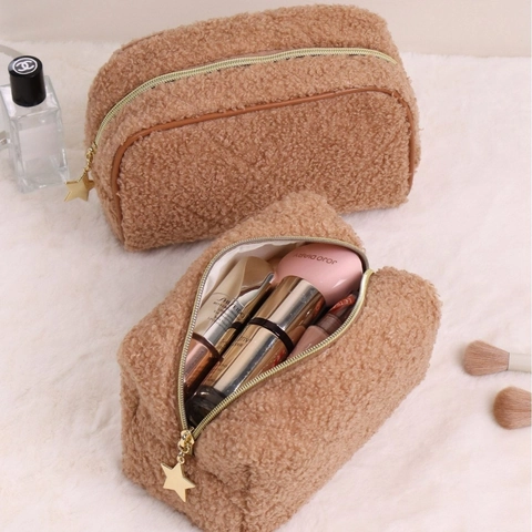 Quilted Plush Cosmetic Bag Teddy Fleece Makeup Toiletry Organizer Gold Star Zipper Pull Portable Travel Pouch Women
