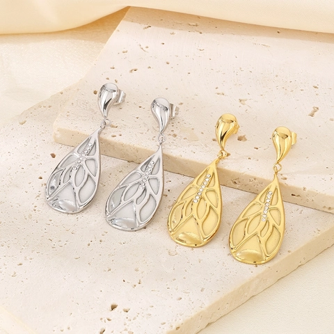 Orecchini Pendenti Goccia Acciaio Inossidabile Texture Venatura Foglia Con Zirconia Vintage Elegante Gioielli Donne