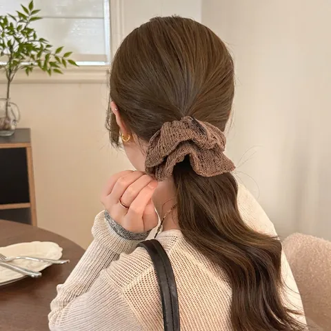 Knitted Hollow Out Scrunchies Oversized Hair Ties Elastic Ponytail Holder Ruffled Vintage French Style For Women