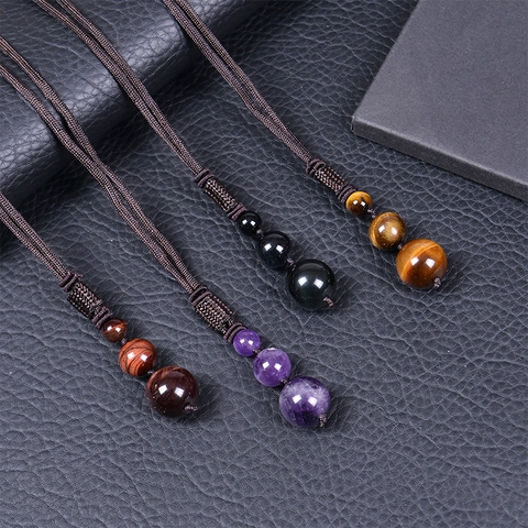 Natural Tiger Eye Amethyst Obsidian Stone Pendant Necklace And Braided Rope Bracelet Adjustable Handmade Jewelry Unisex