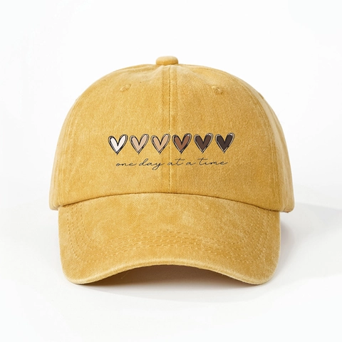 Washed Cotton Baseball Cap Vintage Heart Print Motivational Quote Adjustable Curved Brim Casual Outdoor Sun Hat