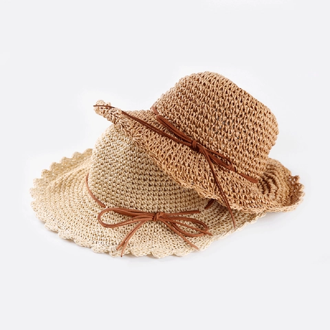 Women Wide Brim Straw Sun Hat With Ruffled Wavy Edge Bow Tie Ribbon Summer Beach Sun Protection Handmade