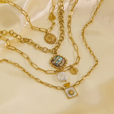 Collier En Acier Inoxydable Plaqué Or 14K Pendentif Künstliche Perle Baroque Coquillage Bijoux Rétro Pour Femmes