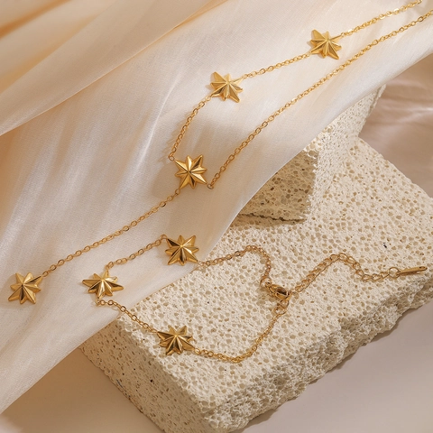 Collana Con Pendente Stella A Otto Punte E Bracciale Acciaio Inossidabile Placcato Oro 18 Carati Gioielli Per Donna