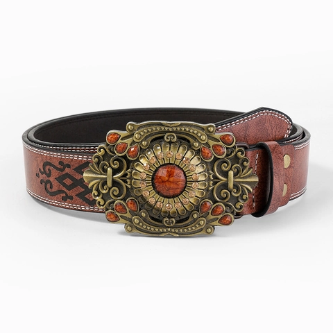 Vintage Dames PU-leren Riem Met Embossed Bloemenpatroon Decoratieve Grote Western Gesp Kunstmatige Steen Inlay Taille