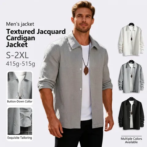 Veste Décontractée Pour Hommes Jacquard Texturé Manches Longues Revers Simple Boutonnage Couleur Unie Mode