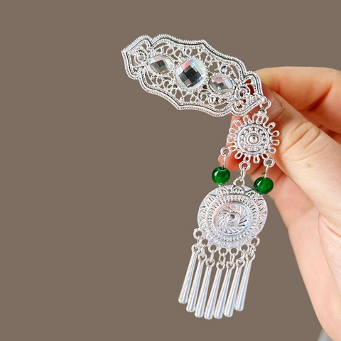 Barrette À Cheveux Filigrane Creuse Style Ethnique Avec Perles Vertes Pompon Cristal Vintage Chinois Pour Femmes