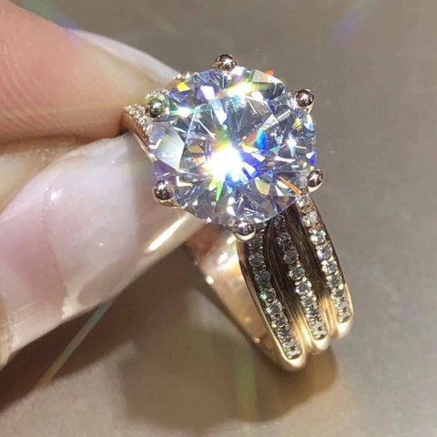 Luxury Women Engagement Ring Copper AAA Zircon Six-Prong Round Stone Pave Shank Wedding Jewelry Gold Rose Tone