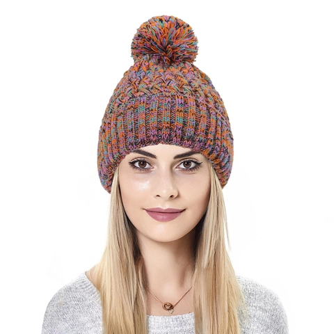 Women Colorful Acrylic Knit Beanie Hat With Pom-Pom Winter Warm Chunky Cable Knit Folded Cuff Skull Cap Daily Outdoor Wear