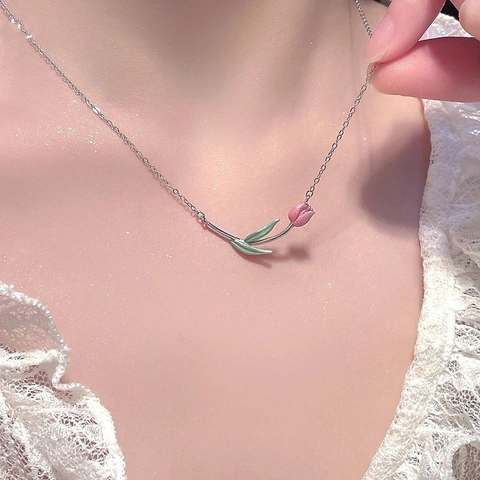 Tulip Pendant Necklace Copper Gold Plated Enamel Hand Painted Pink Flower Green Leaf Fresh Aesthetic Jewelry For Women