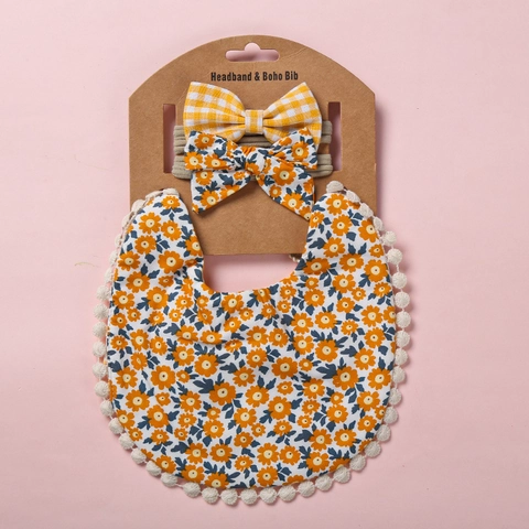 Baumwolle Baby Lätzchen Und Stirnbänder Blumenmuster Bommelbesatz Weich Saugfähig Boho Fütterung Speichelhandtücher Säugling