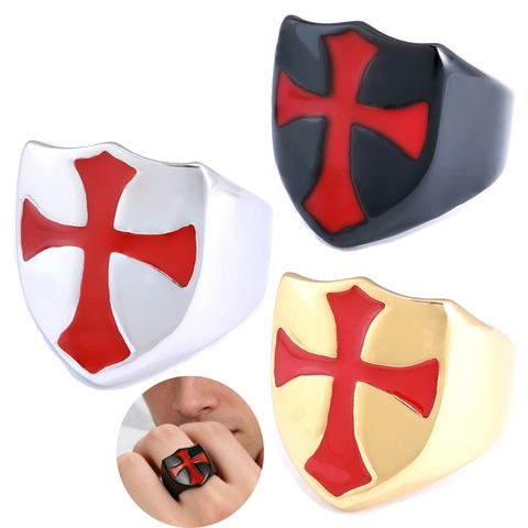 Anello Con Sigillo Da Uomo In Acciaio Inossidabile Retro Scudo Croce Templare Rossa Smalto Goth Punk Gioielli Accessori