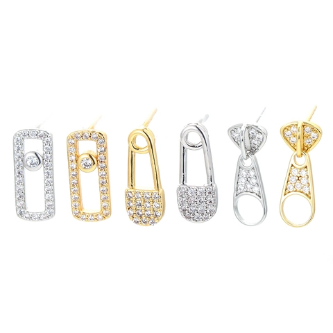 Luxury Copper Zirconia Stud Earrings Personality Safety Pin Zipper Pull Geometric Rectangle Gold Silver Pave Earrings For Women