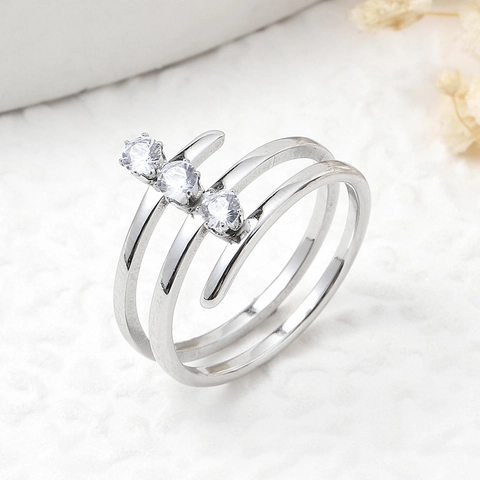 Korean Style Multi-layer Stainless Steel Rhinestone Open Ring For Women Geometric Fashion Jewelry Gold Silver Adjustable Ring